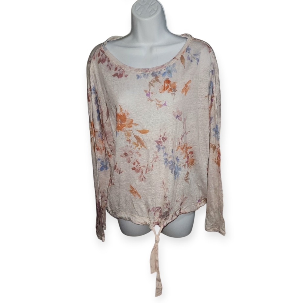 Sundance Sophia Floral Tie Front Pastel Organic Linen Sweater- Women's M